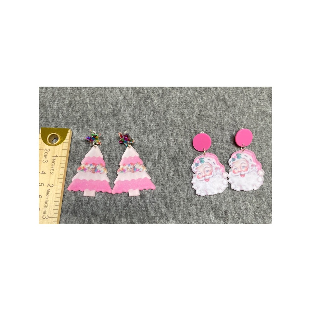New Pink Christmas Earring Bundle Santa Claus & Glitter Star Tree Acrylic Drops